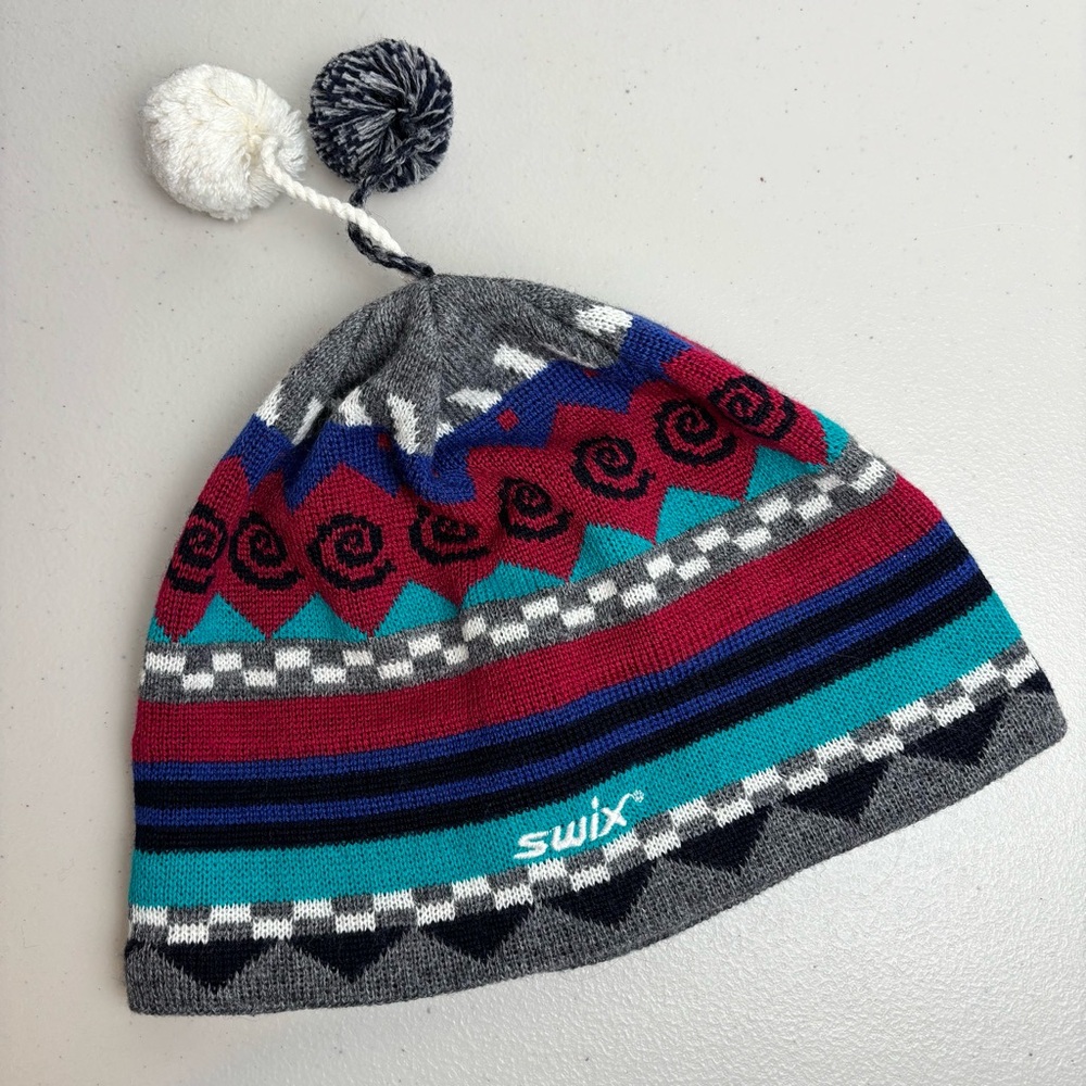 Swix Ski Hat Beanie Geometric Colorful Knit Retro Pom Poms